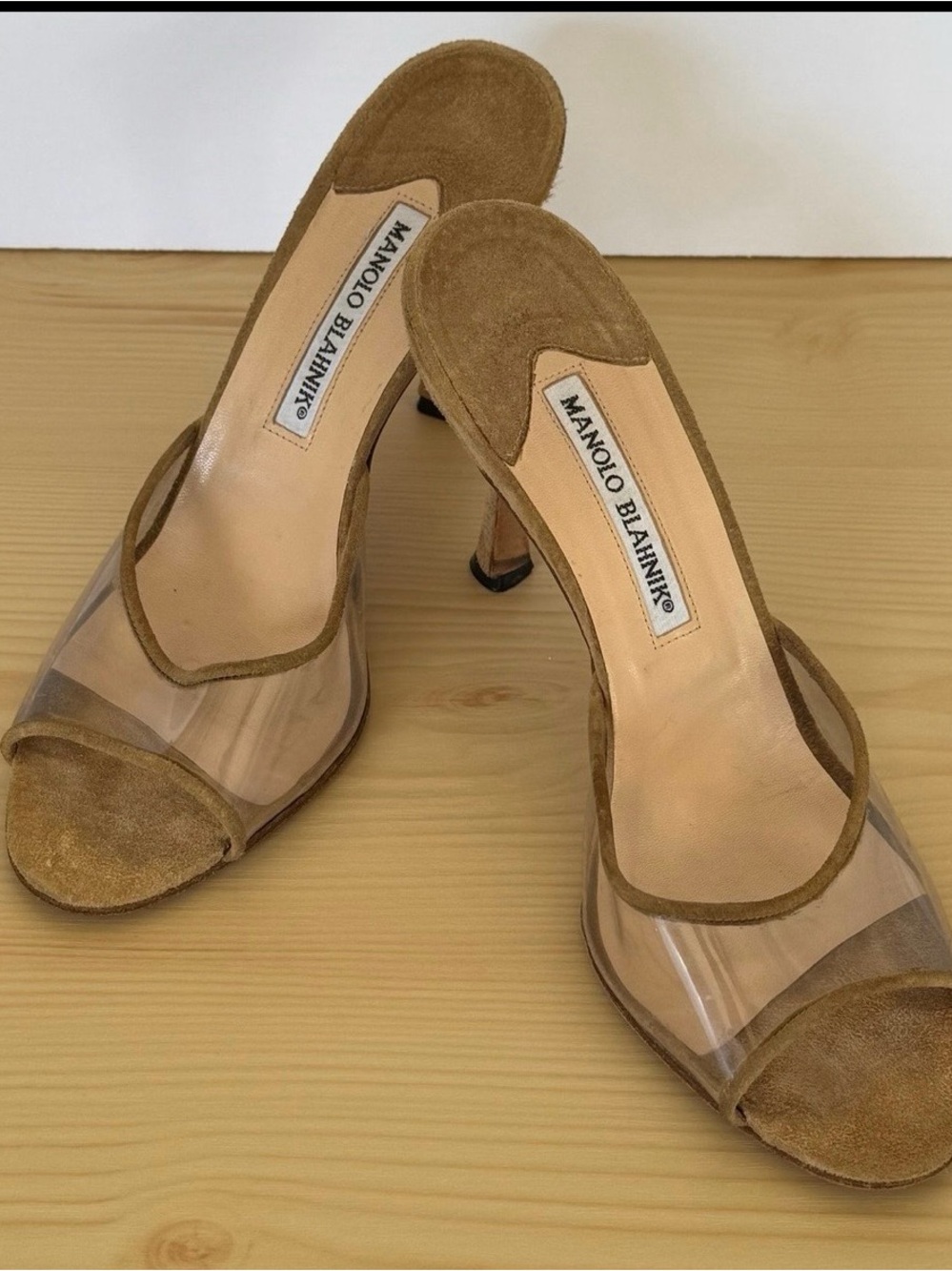 Manolo Blahnik Brown Suede Peep Toe Heels with Clear Straps